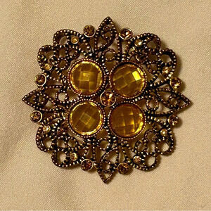 Premier Designs Daybreak Brooch/Pin Retired Antique Gold Tone Yellow Rhinestone